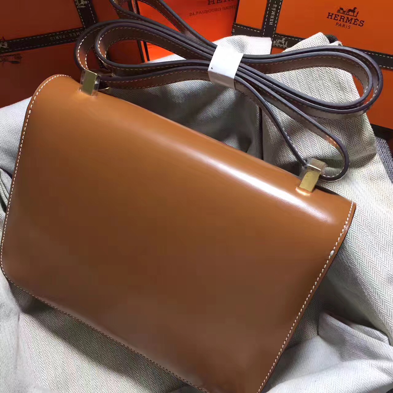 Hermes original box leather constance bag C024 coffee