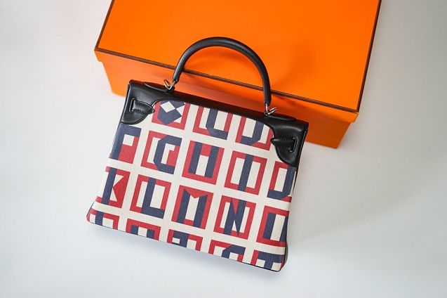Hermes handmade original calfskin&canvas kelly bag K00033 black&white