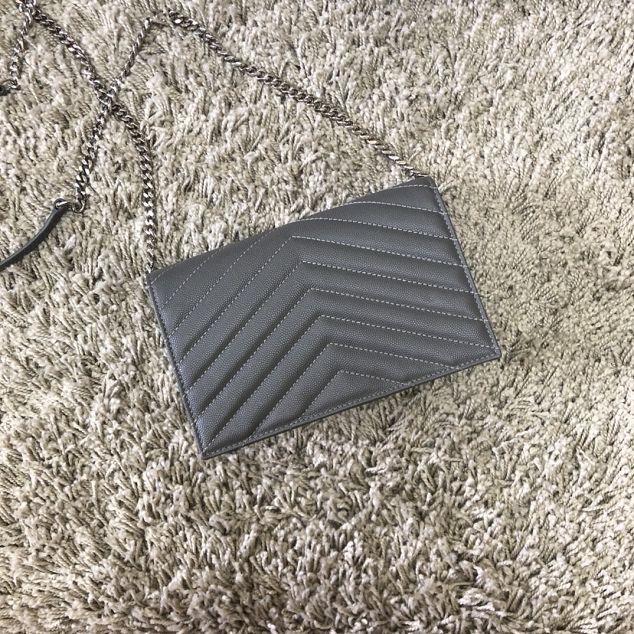 YSL original grained calfskin envelope small wallet on chain 393953 grey