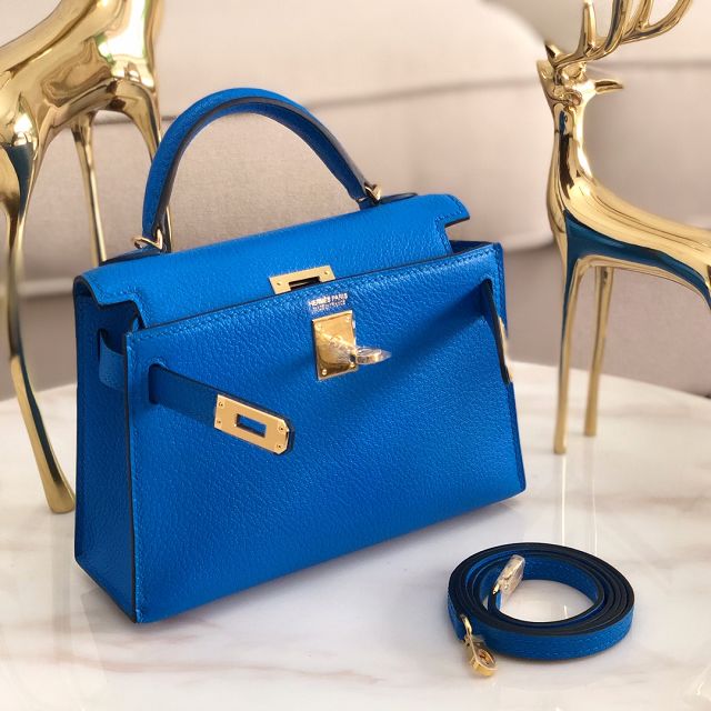 Hermes original chevre mini kelly 19 bag KG0019 blue hydra 