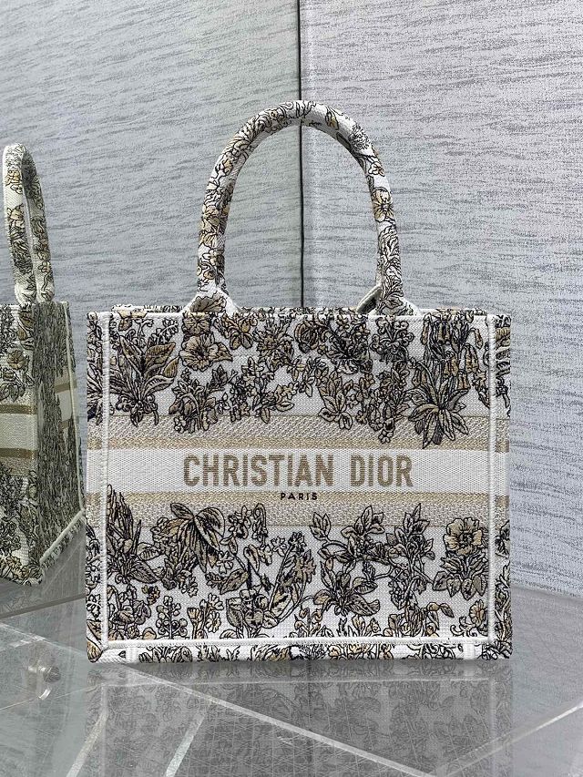 Dior original cotton small book tote bag M1265 white&gold
