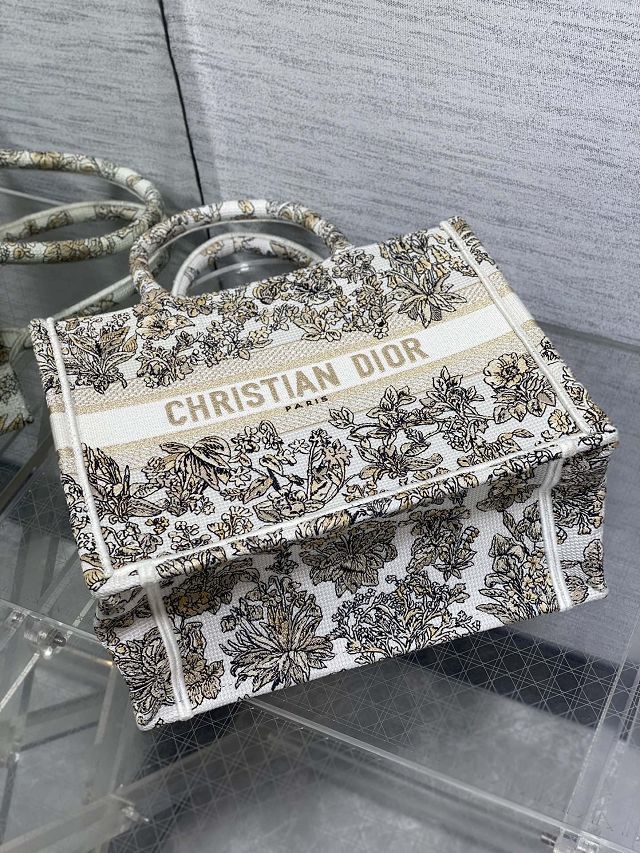 Dior original cotton small book tote bag M1265 white&gold