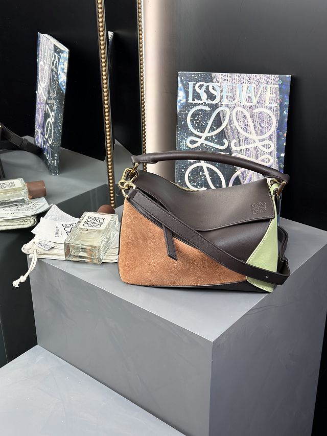 Loewe original suede&calfskin small puzzle bag A510P60 dark coffee