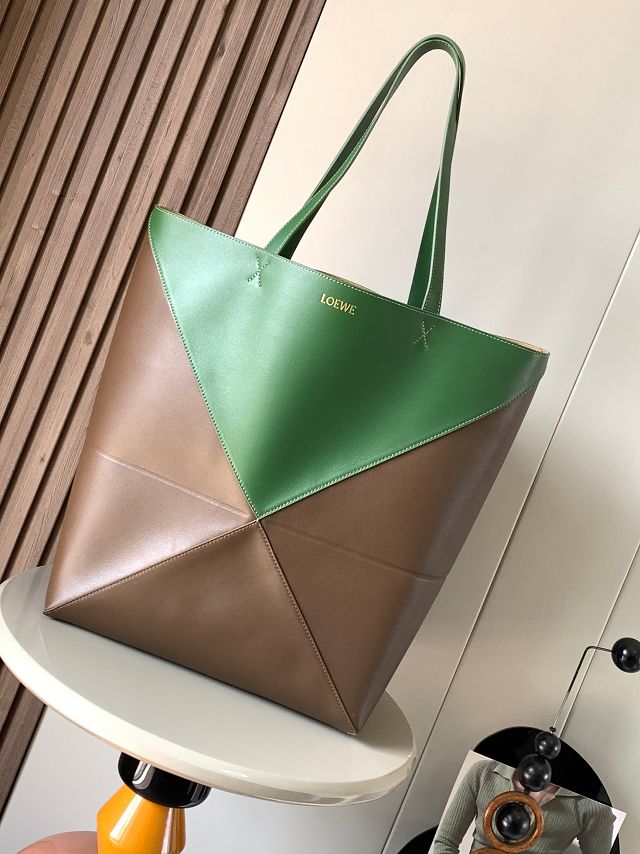Loewe original calfskin large puzzle fold tote B933Q18 brown&green