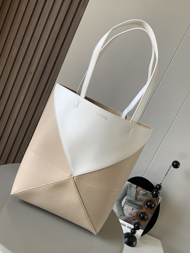 Loewe original calfskin medium puzzle fold tote A657G50 apricot&white