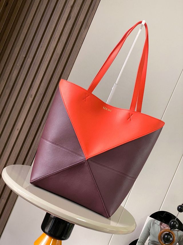 Loewe original calfskin medium puzzle fold tote A657G50 burgundy&orange