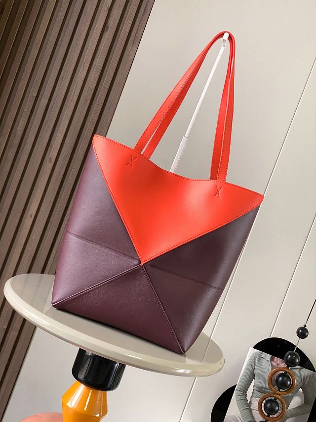 Loewe original calfskin medium puzzle fold tote A657G50 burgundy&orange