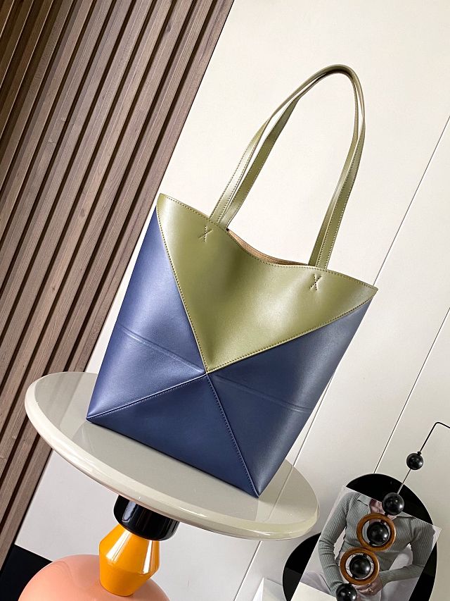 Loewe original calfskin medium puzzle fold tote A657G50 green&blue