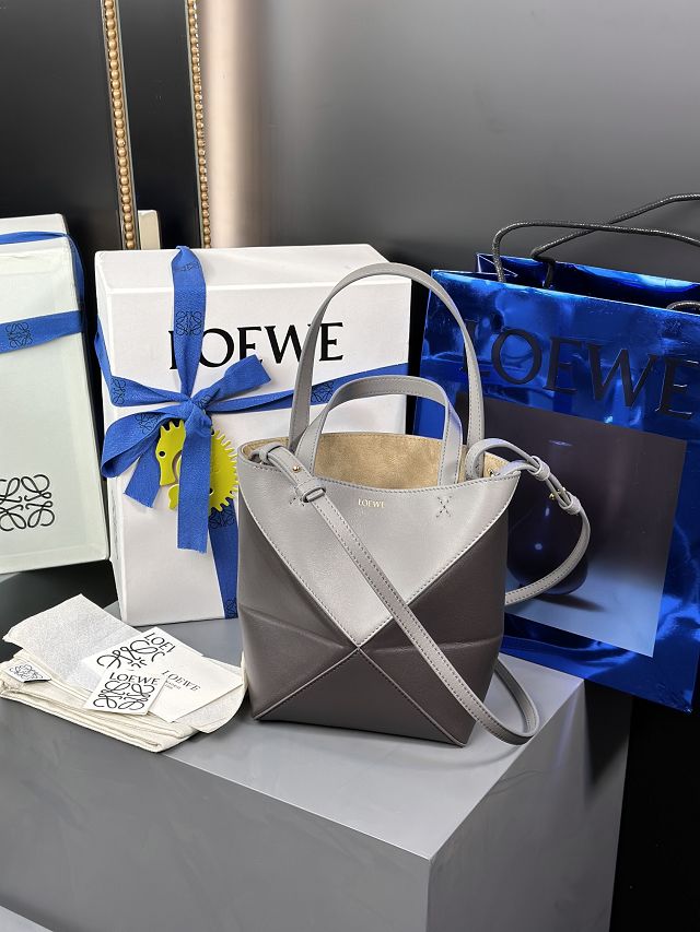 Loewe original calfskin mini puzzle fold tote A657V25 grey