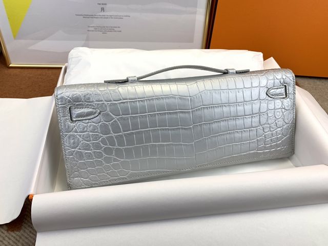 Hermes 100% genuine crocodile leather kelly cut 31 clutch C310 silver