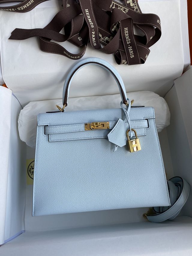 Hermes original epsom leather kelly 25 bag K25-1 azur
