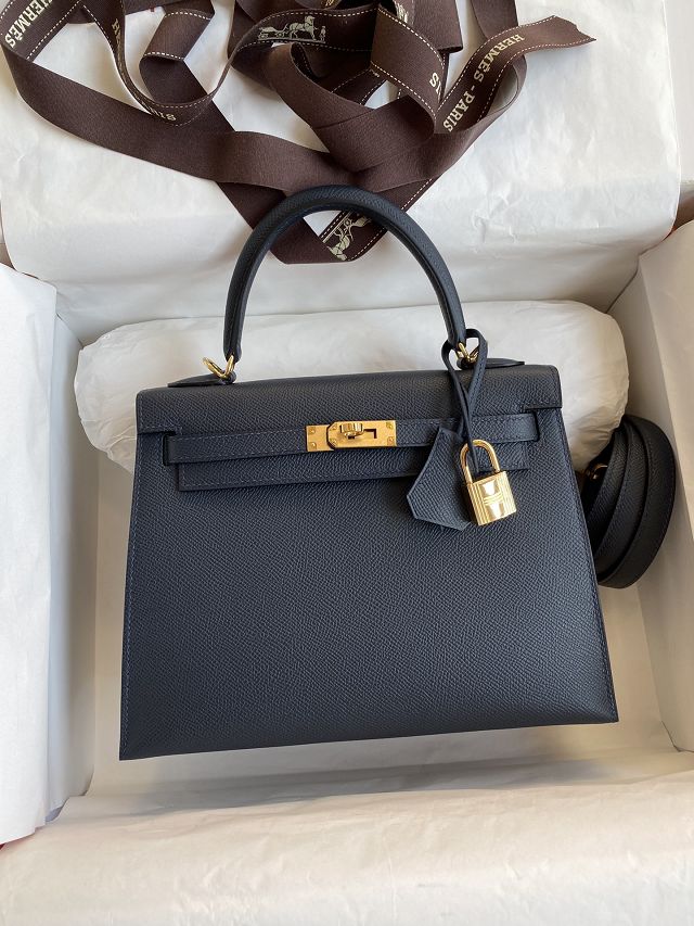 Hermes original epsom leather kelly 32 bag K32-1 blue nuit
