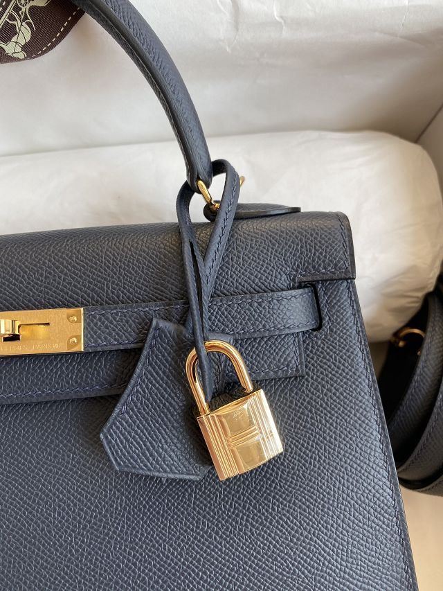 Hermes original epsom leather kelly 32 bag K32-1 blue nuit