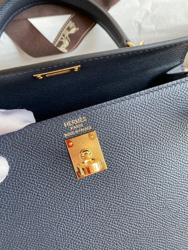 Hermes original epsom leather kelly 32 bag K32-1 blue nuit