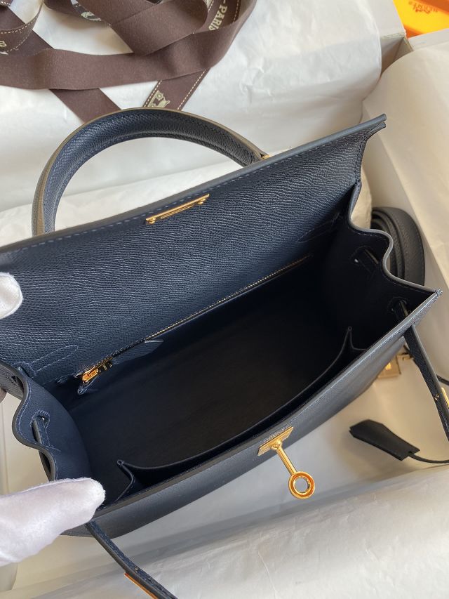 Hermes original epsom leather kelly 32 bag K32-1 blue nuit