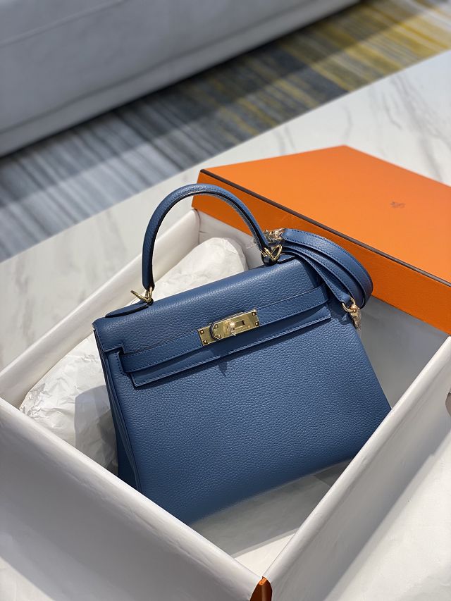 Hermes original togo leather kelly 32 bag K32-1 blue agate 