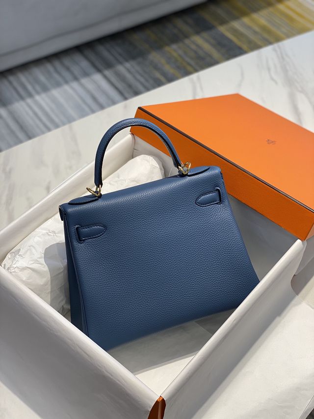 Hermes original togo leather kelly 32 bag K32-1 blue agate 