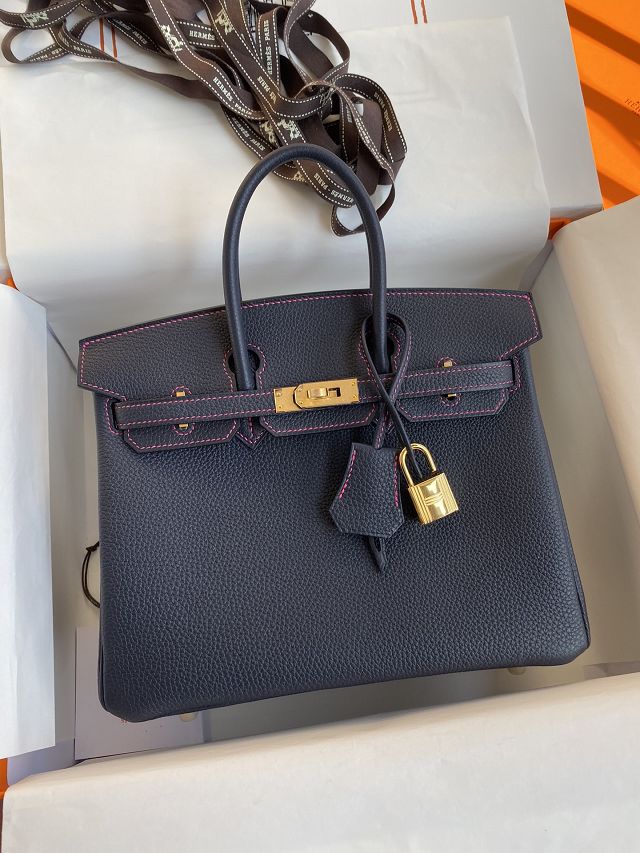 Hermes original togo leather birkin 25 bag H25-1 blue nuit&fuschia	