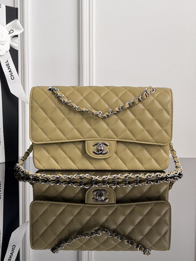 CC original grained calfskin medium flap bag A01112 light khaki