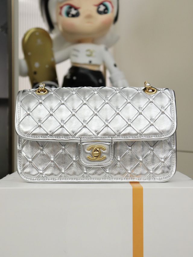 CC original braided calfskin medium flap bag AS4795 silver