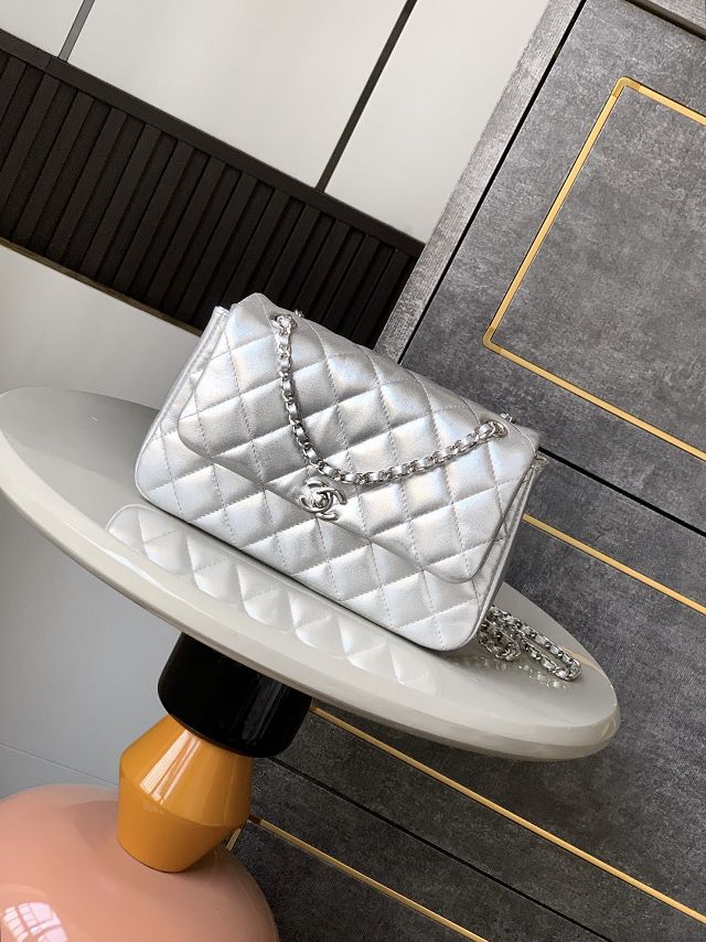 CC original calfskin small flap bag AS5485 silver