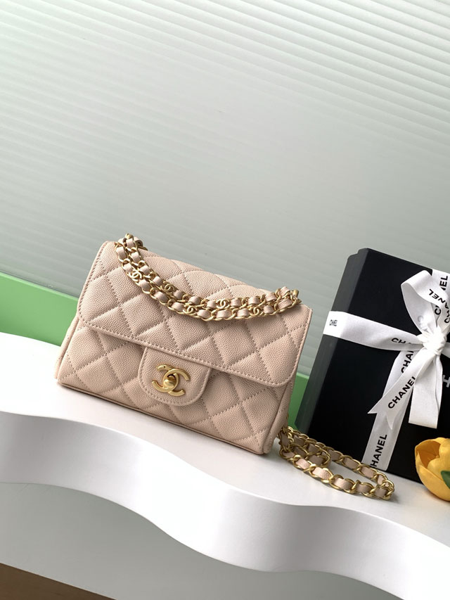 CC original grained calfskin mini flap bag AS5239 apricot