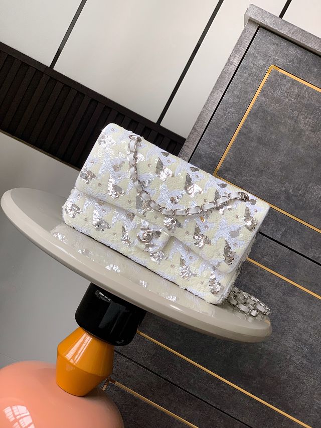 CC original sequins medium flap bag A01112 white