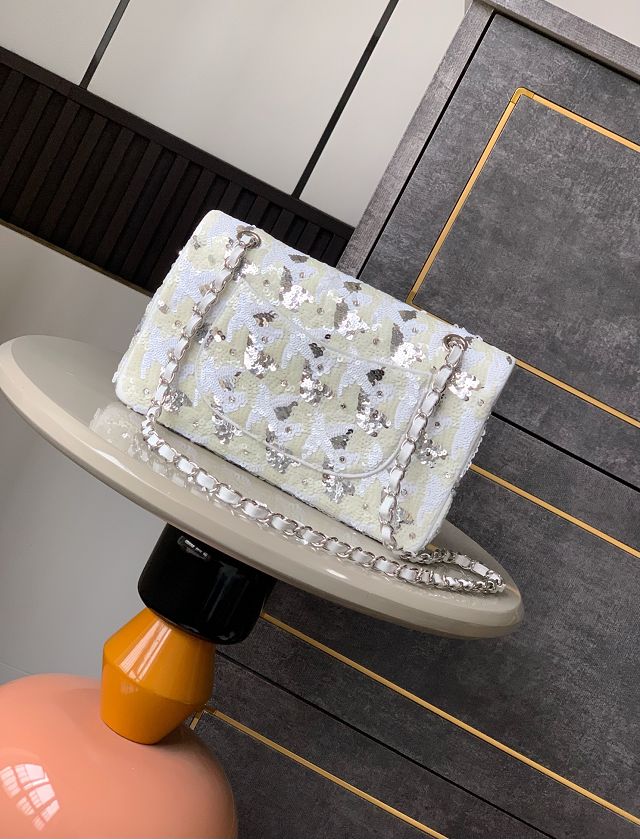 CC original sequins medium flap bag A01112 white