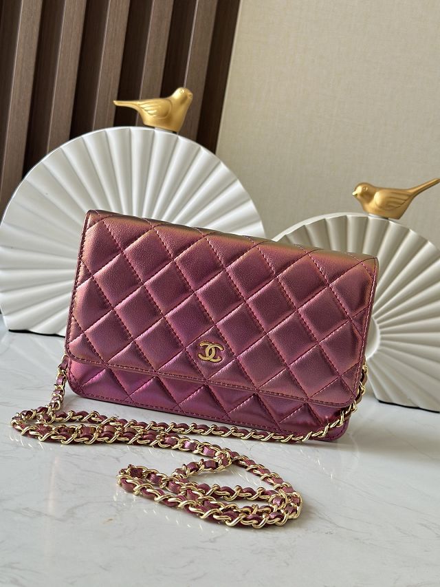 CC original iridescent lambskin wallet on chain AP0250 purple