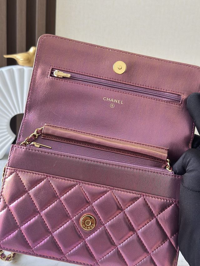 CC original iridescent lambskin wallet on chain AP0250 purple
