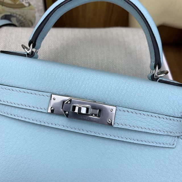 Hermes original chevre mini kelly 19 bag KG0019 blue zephyr