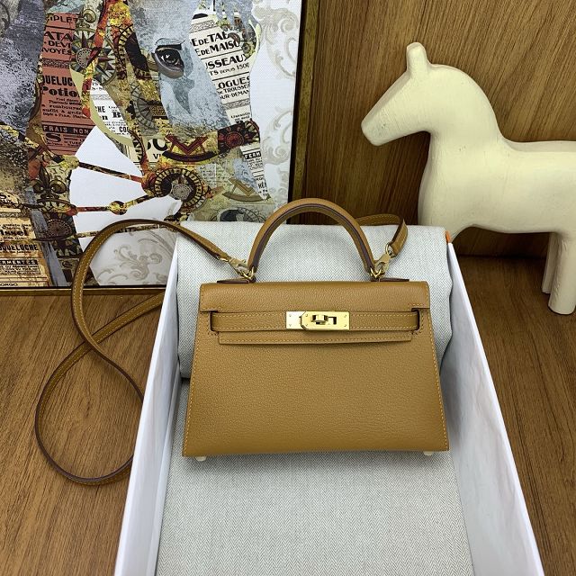 Hermes original chevre mini kelly 19 bag KG0019 gold brown