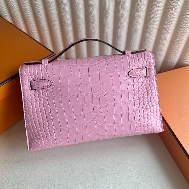 Hermes handmade genuine crocodile leather mini kelly 22 clutch K220 pink