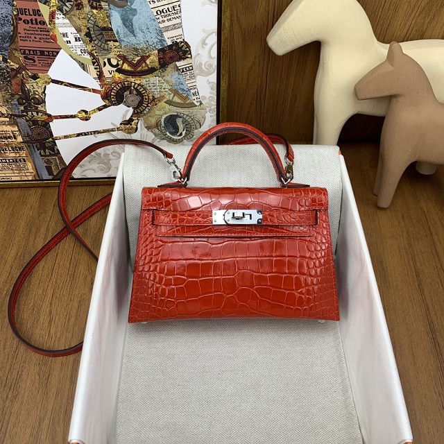 Hermes handmade genuine crocodile leather mini kelly bag K0019 braise
