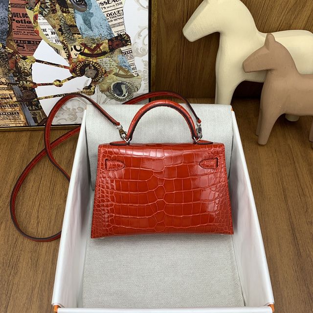 Hermes handmade genuine crocodile leather mini kelly bag K0019 braise