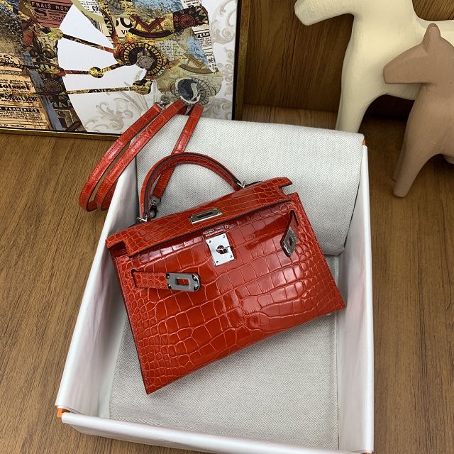 Hermes handmade genuine crocodile leather mini kelly bag K0019 braise