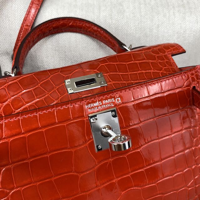 Hermes handmade genuine crocodile leather mini kelly bag K0019 braise