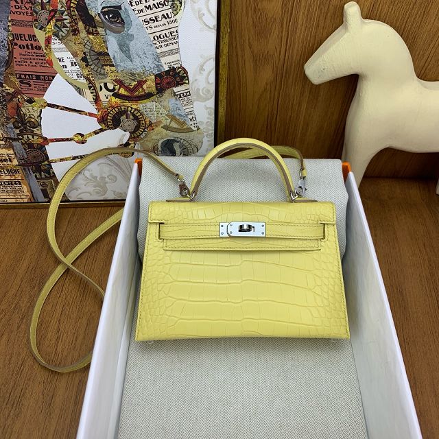 Hermes handmade genuine crocodile leather mini kelly bag K0019 jaune poussin