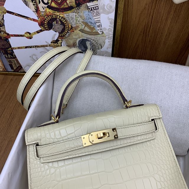 Hermes handmade genuine crocodile leather mini kelly bag K0019 vanille