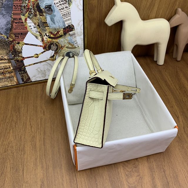 Hermes handmade genuine crocodile leather mini kelly bag K0019 vanille