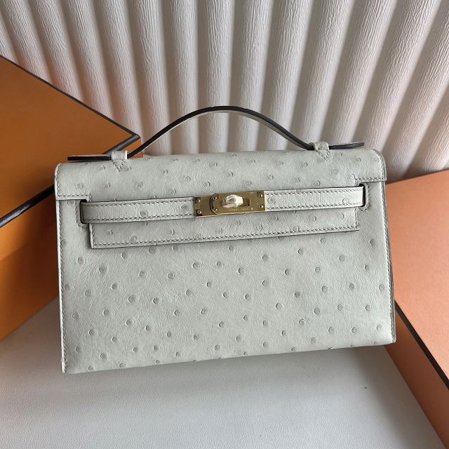 Hermes handmade genuine ostrich leather mini kelly 22 clutch K220