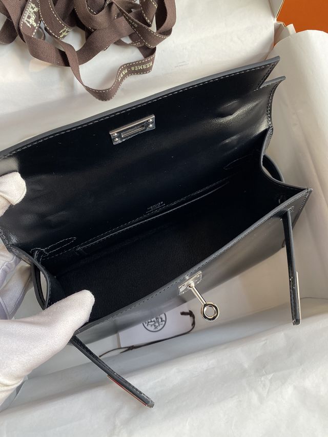 Hermes original box leather mini kelly 22 clutch K0012 black