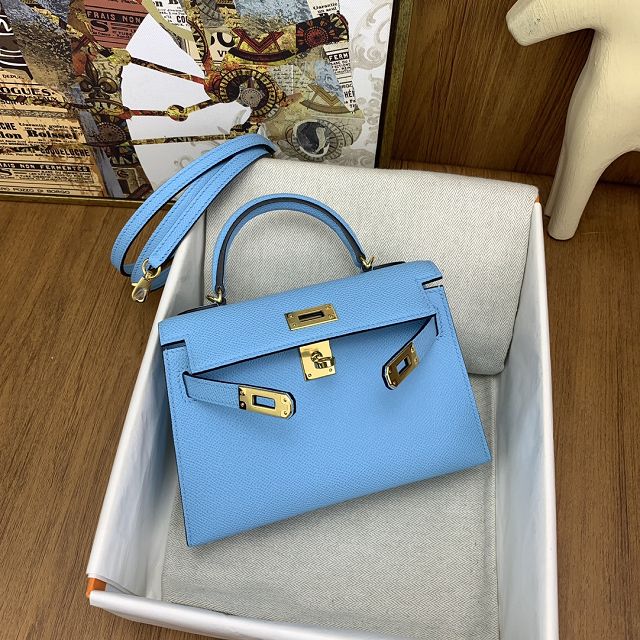 Hermes original epsom leather mini kelly 19 bag K0019 celeste