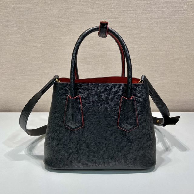 Prada original saffiano calfskin double small bag 1BG443 black&red