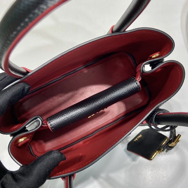 Prada original saffiano calfskin double small bag 1BG443 black&red
