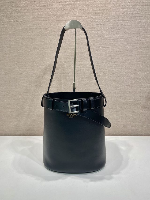 Prada original  calfskin bucket bag with belt 1BE085 black