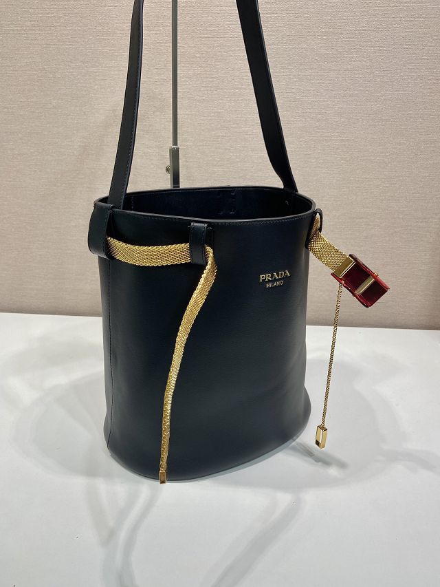 Prada original calfskin bucket bag with jeweled belt 1BE085 black