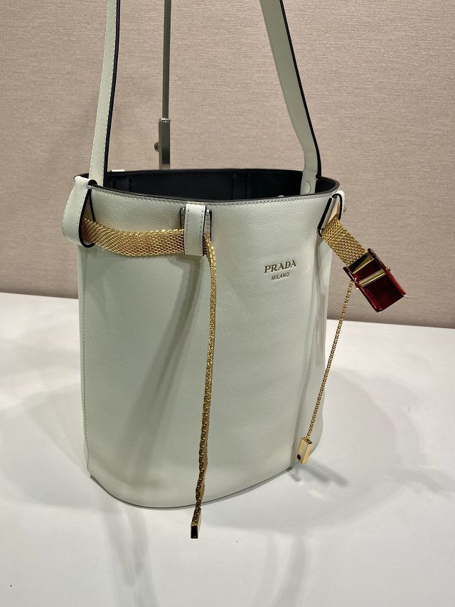 Prada original calfskin bucket bag with jeweled belt 1BE085 white