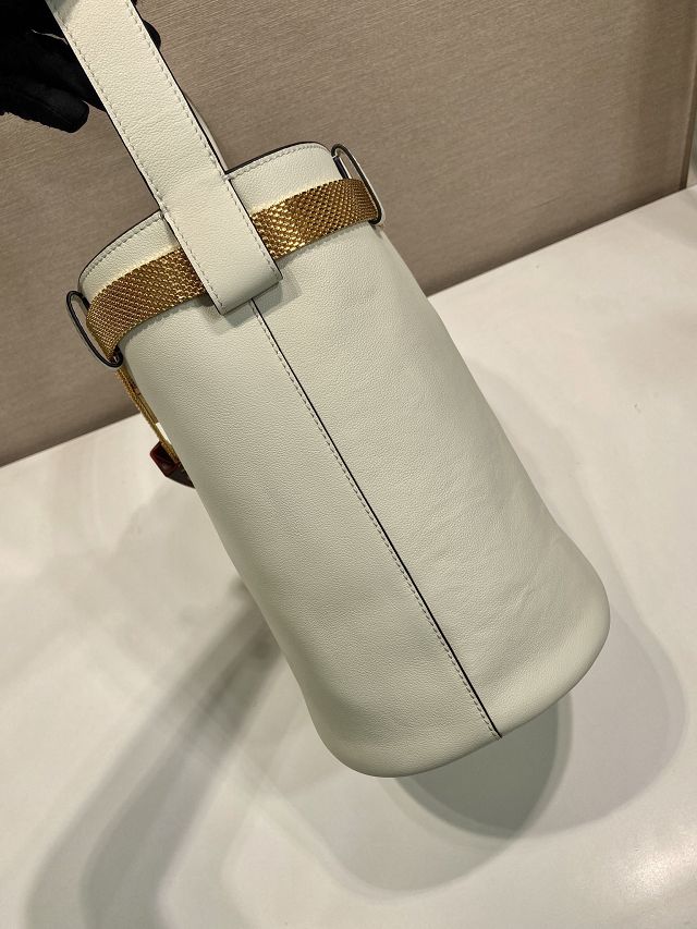 Prada original calfskin bucket bag with jeweled belt 1BE085 white