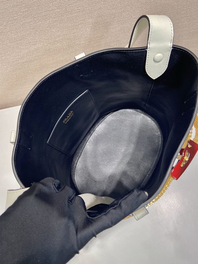 Prada original calfskin bucket bag with jeweled belt 1BE085 white